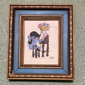 Vintage Framed Painting Child Reading Music Signed